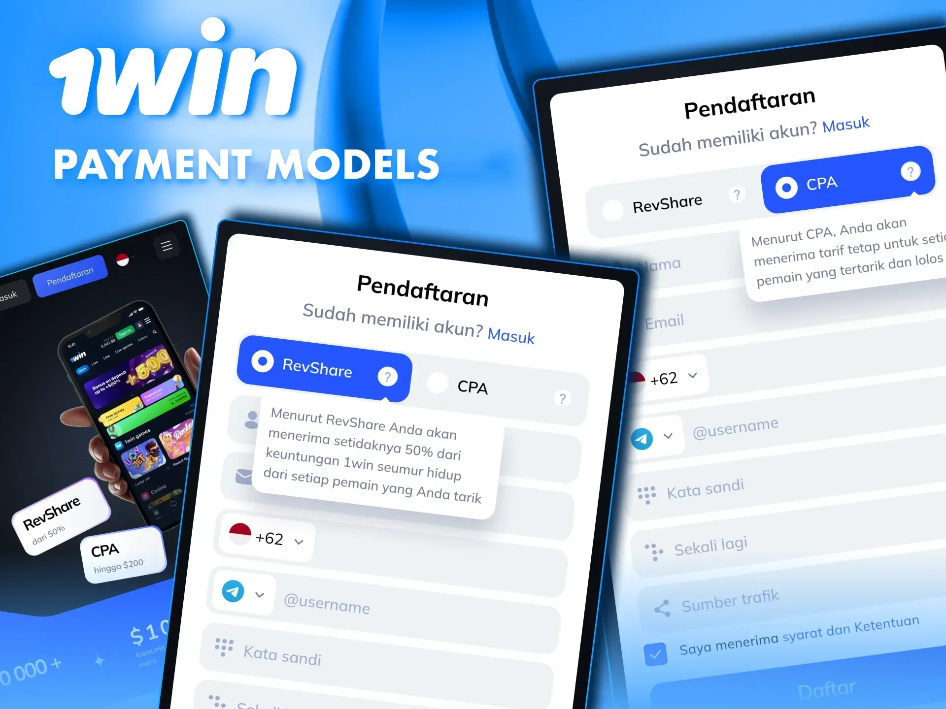 1win offers RevShare and CPA payment models for affiliate partners.