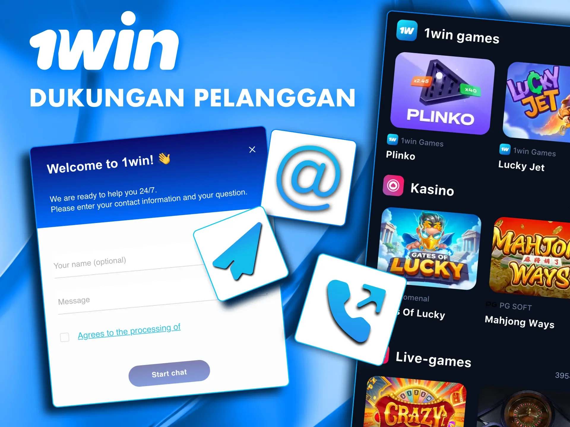 Gunakan metode komunikasi yang tersedia dengan dukungan kasino 1win.