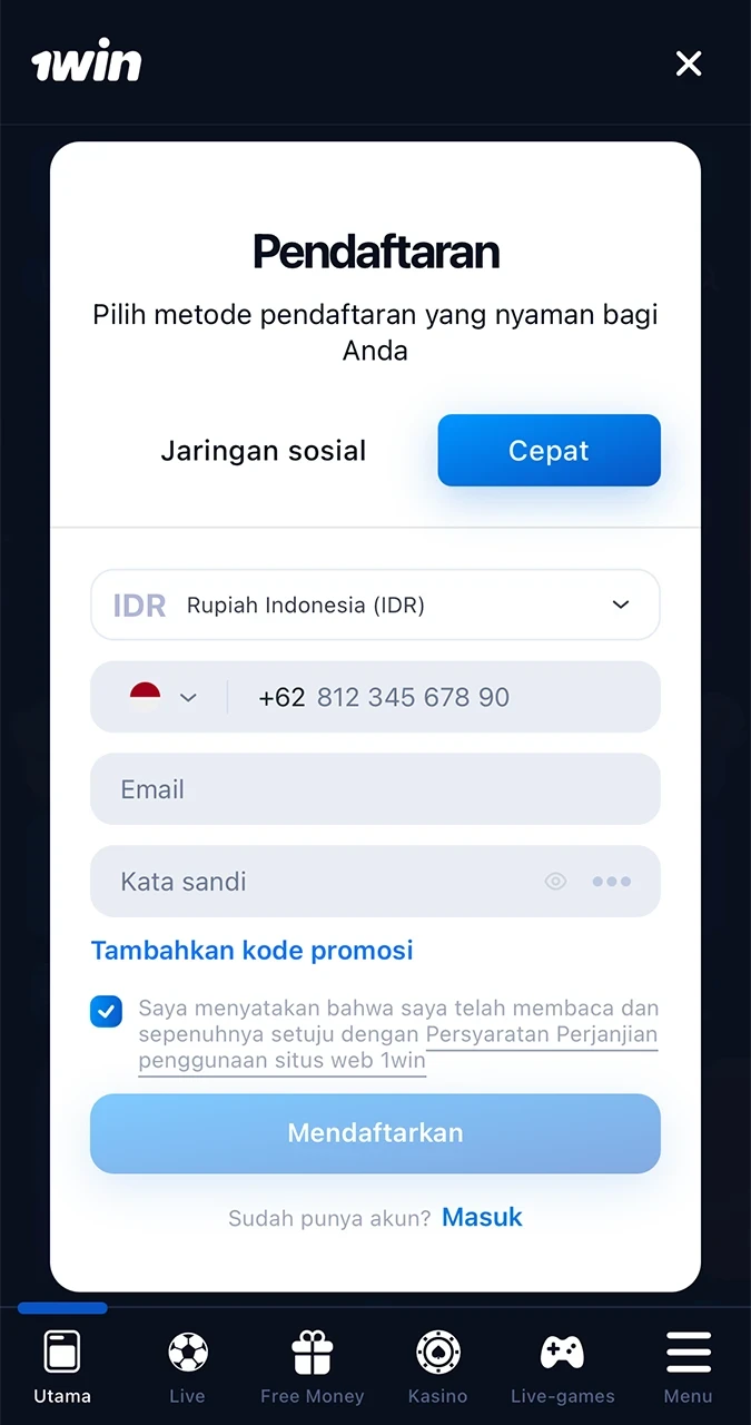 Formulir pendaftaran di aplikasi 1win.