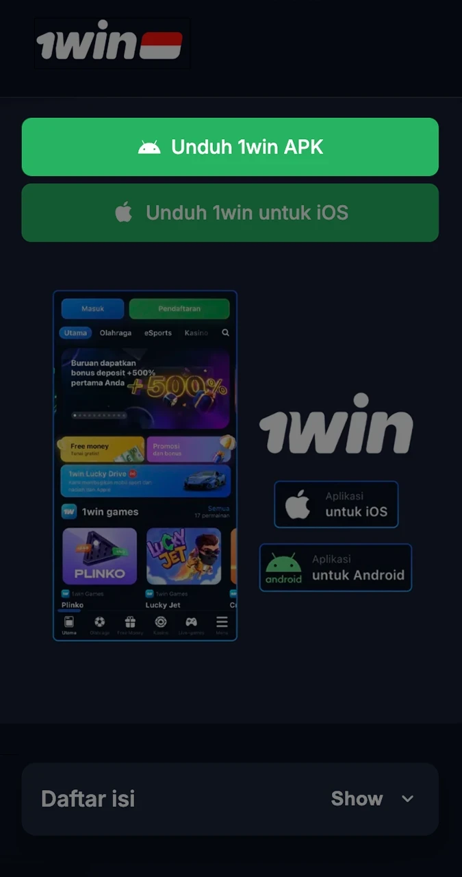 Gunakan tombol unduh cepat untuk aplikasi 1win.