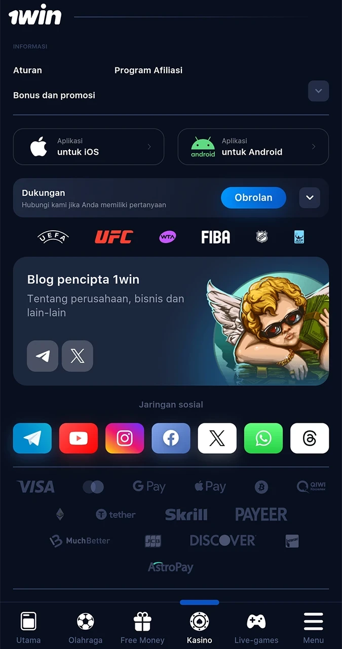Pilih ikon Android untuk mulai mengunduh aplikasi 1win.