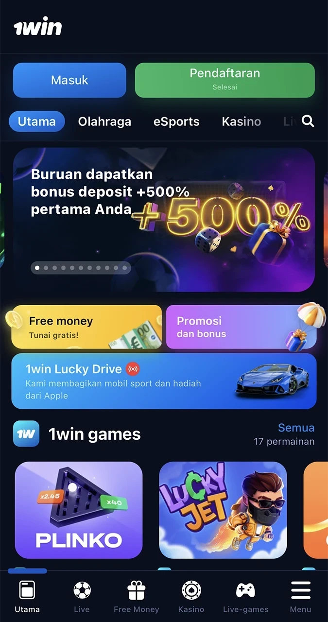 Home page in 1win app.