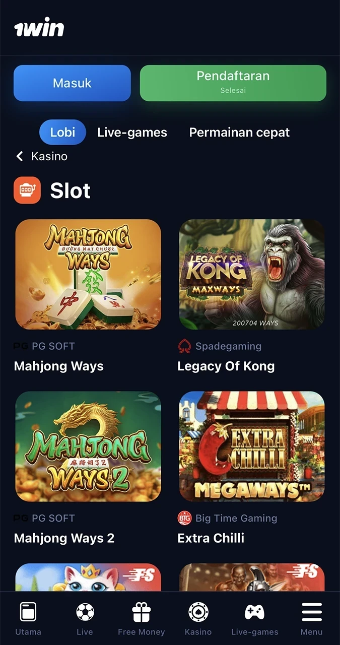 Slots available in the 1win application.