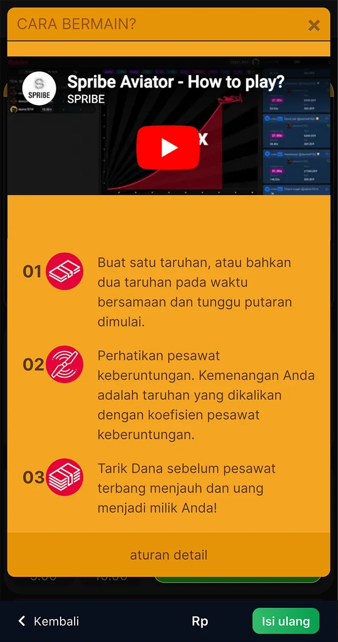 Gunakan instruksi permainan Aviator dari situs web 1win.