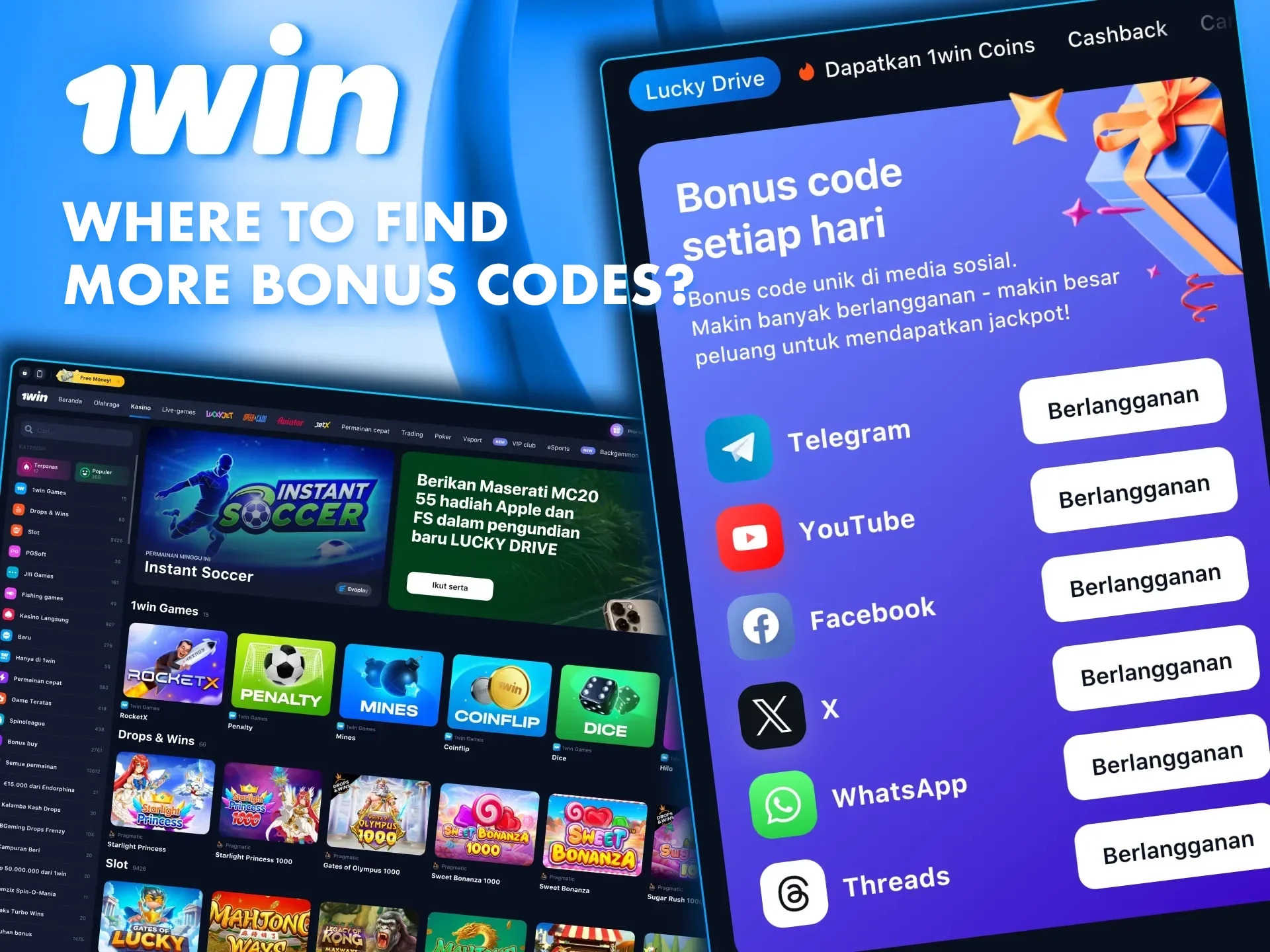 Use social networks to search for promo codes from 1win casino.