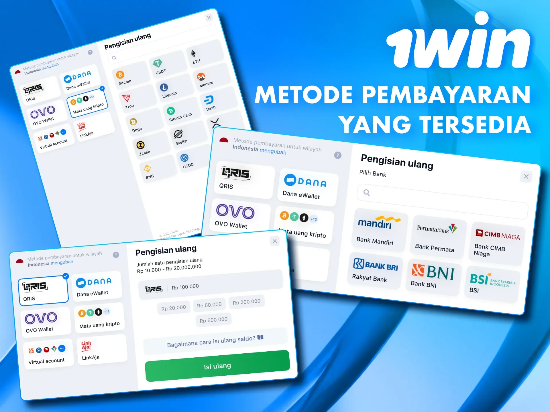 1win mendukung pembayaran dengan kripto, e-wallet, dan akun virtual.