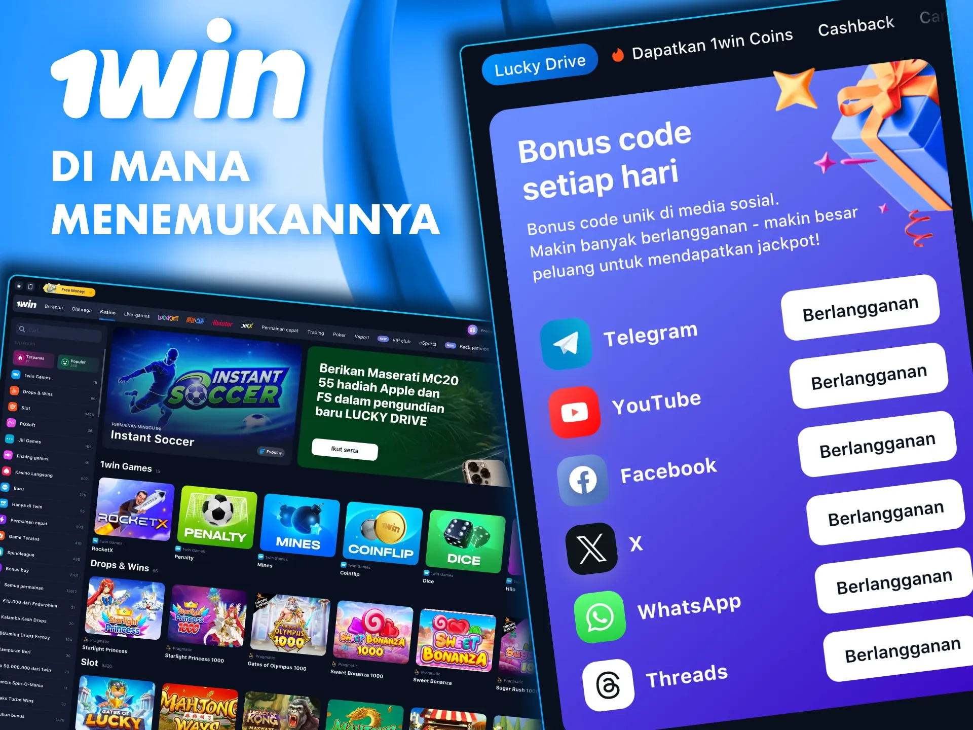 Gunakan jejaring sosial untuk mencari kode promo dari kasino 1win.