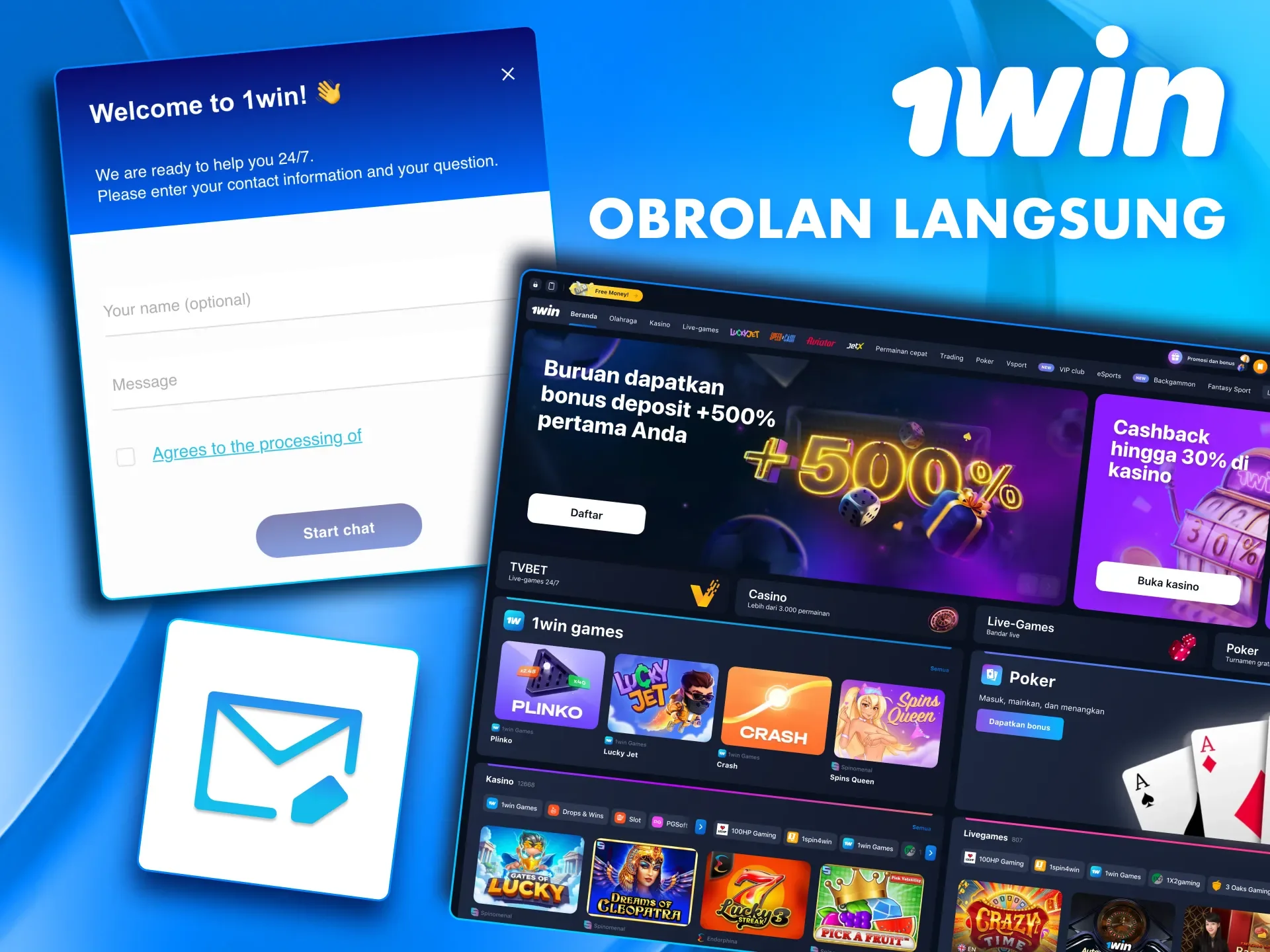 Klik ikon pesan di 1win dan dapatkan solusi instan dari tim support.