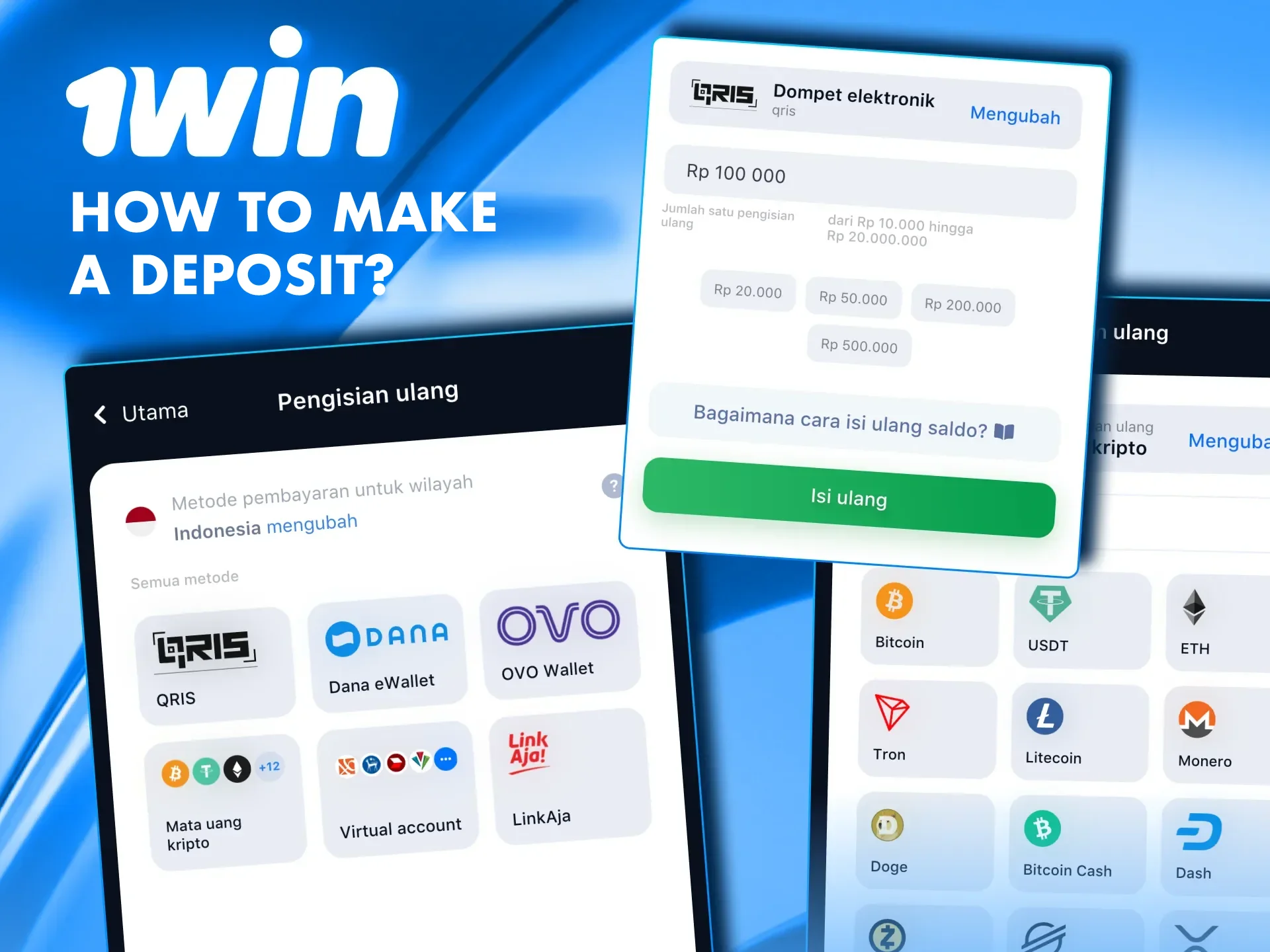 Use popular methods to top up your account at 1win casino.