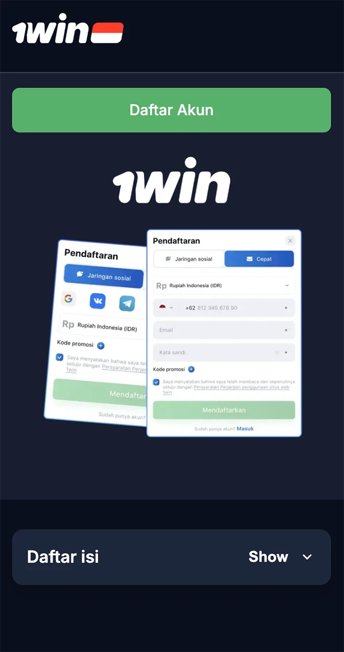Manfaatkan pendaftaran cepat di 1win.