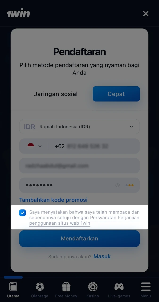 Biasakan diri Anda dengan aturan saat mendaftar di situs web 1win.