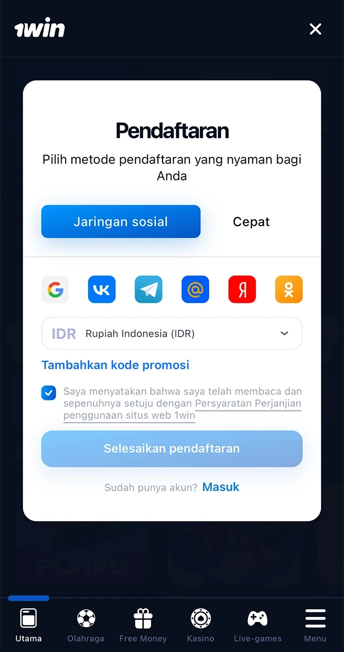 Biasakan diri Anda dengan formulir pendaftaran 1win dan pilih metode yang Anda sukai.