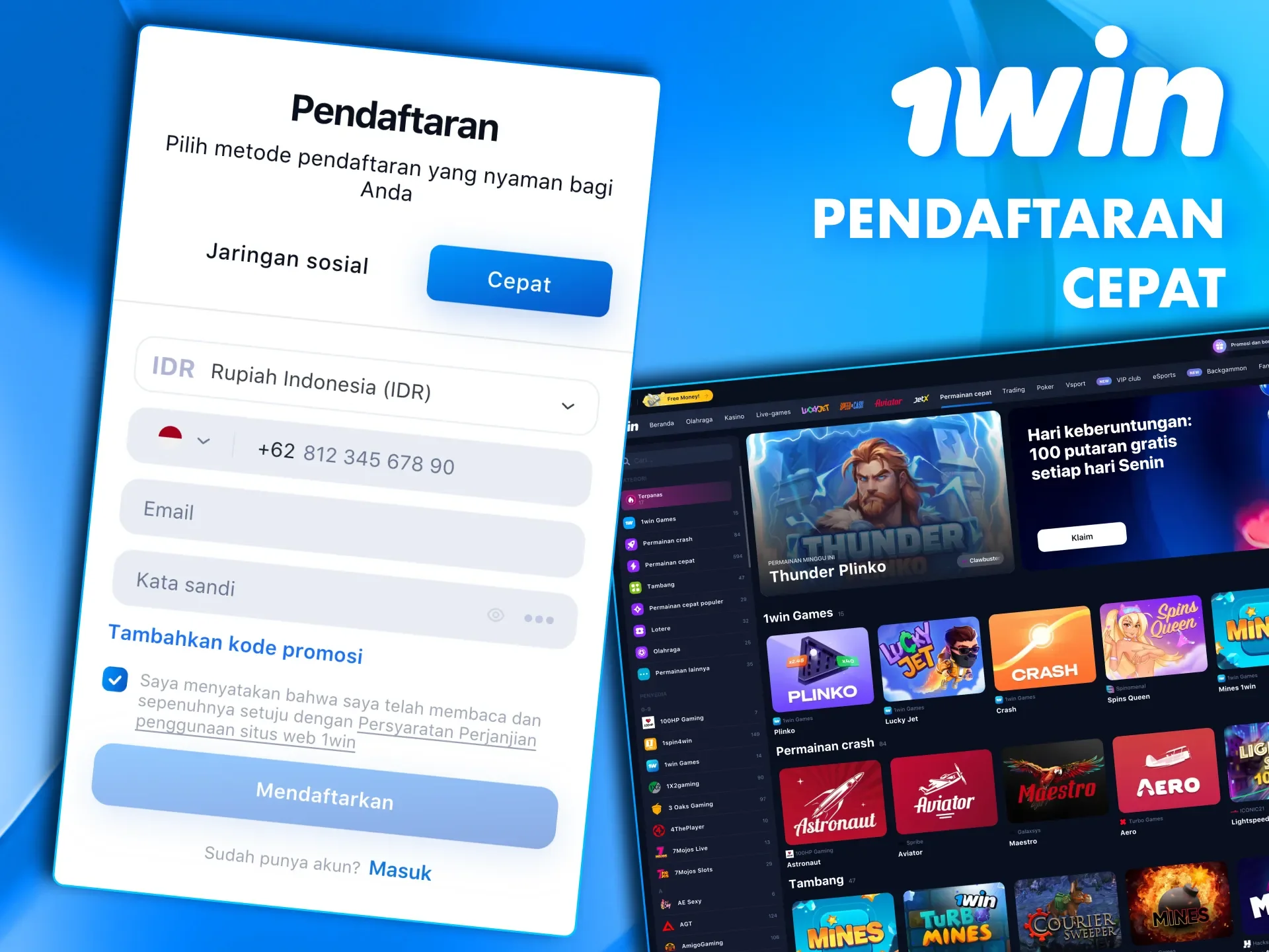 Harap masukkan data yang valid saat mendaftar di aplikasi 1win.