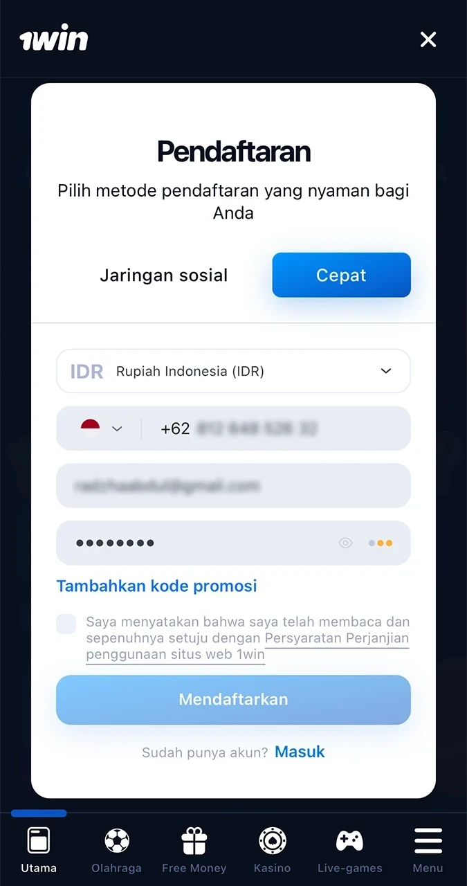 Only enter valid details when registering with 1win.