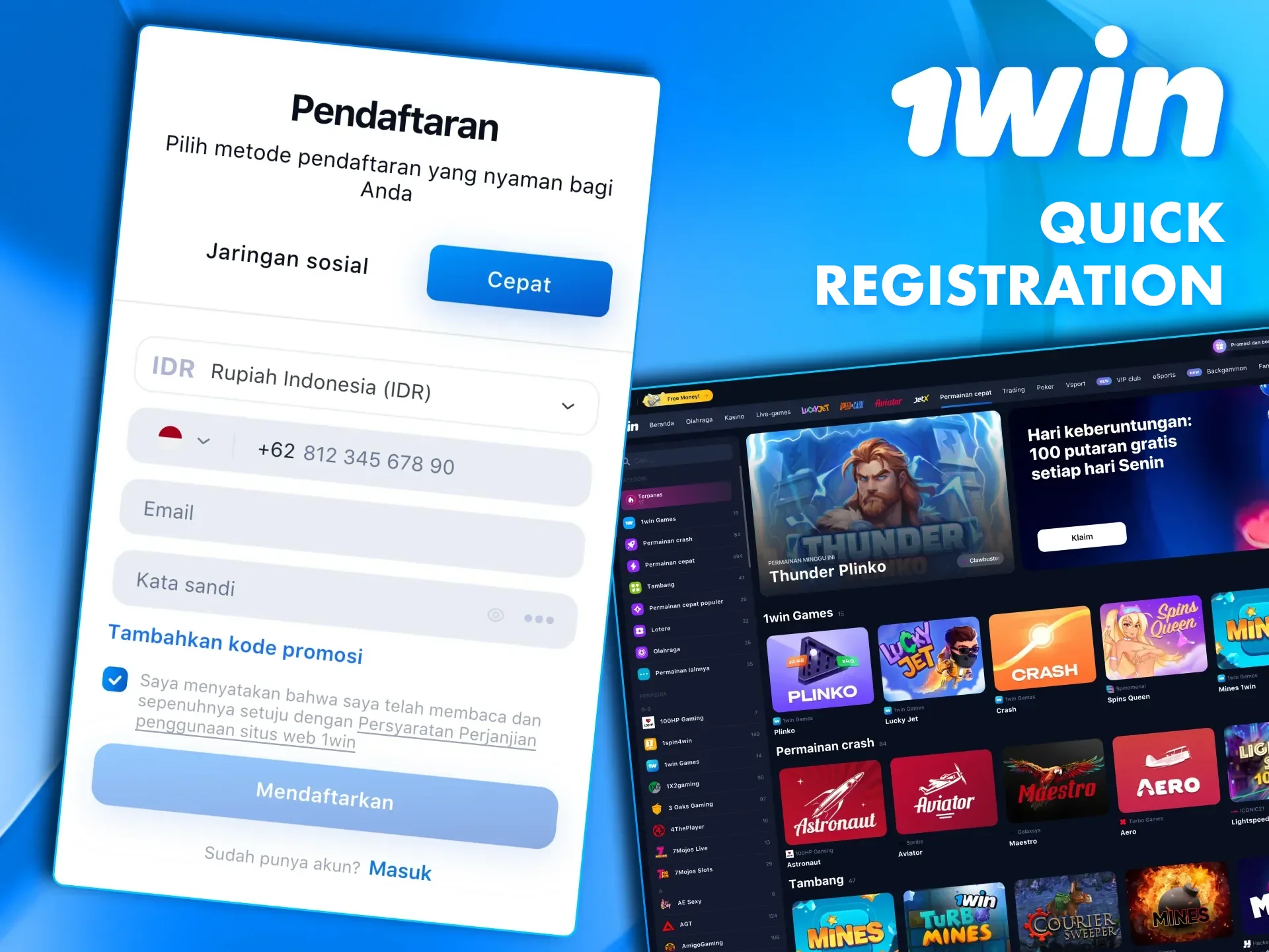 Please enter valid data when registering on the 1win application.