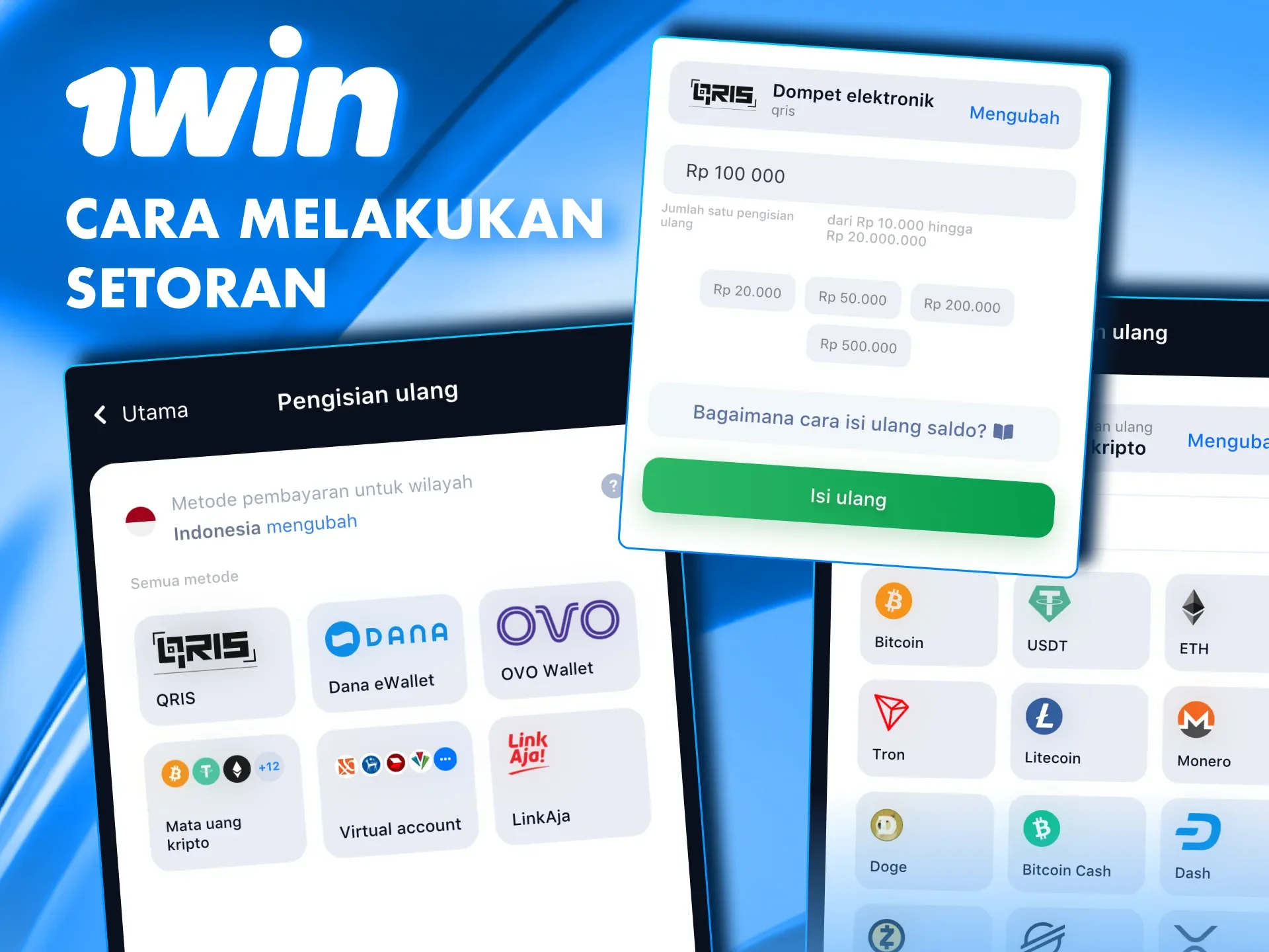 Gunakan metode populer untuk mengisi ulang akun Anda di kasino 1win.