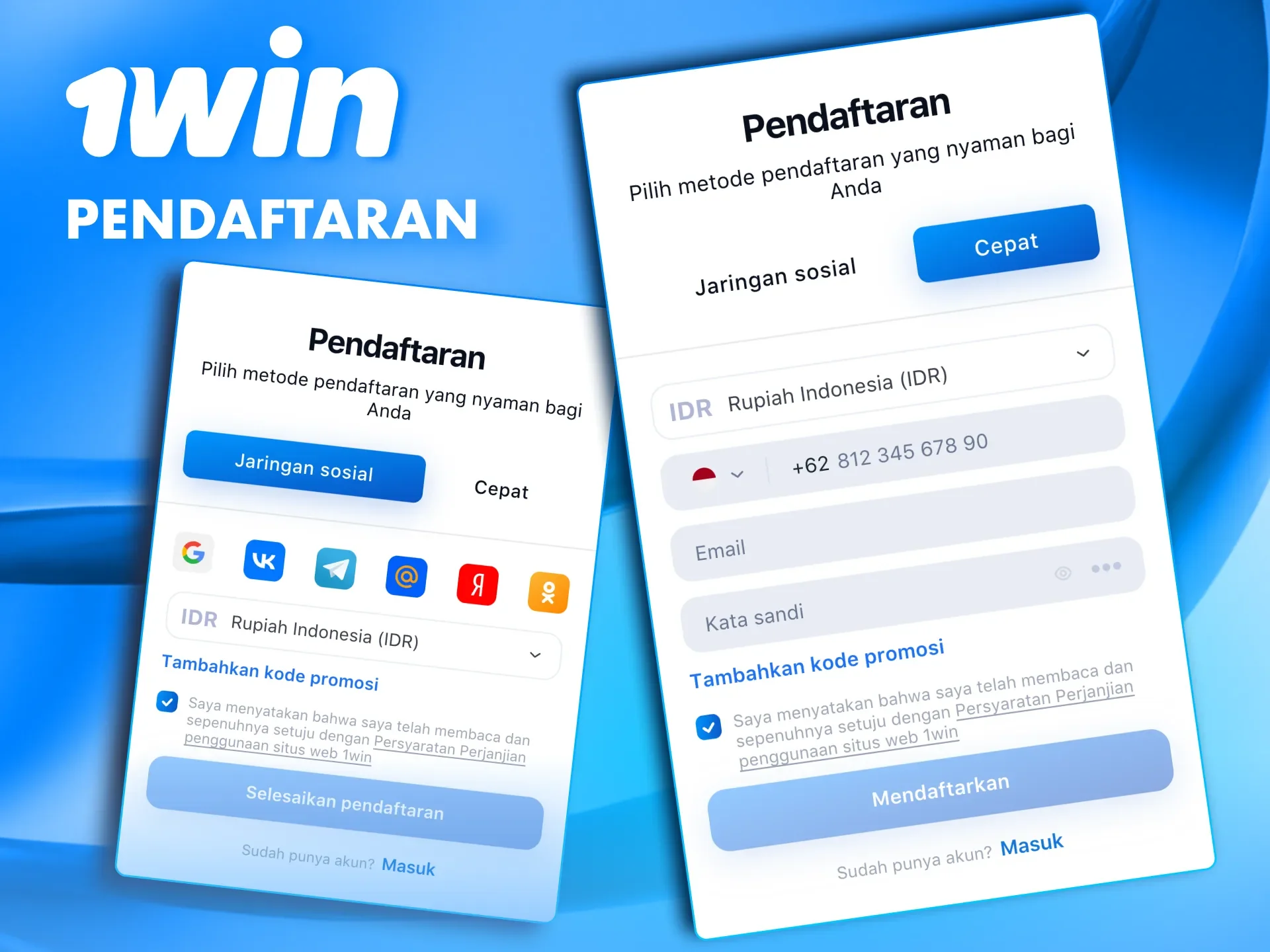 Buat kata sandi yang unik saat mendaftar di kasino 1win.