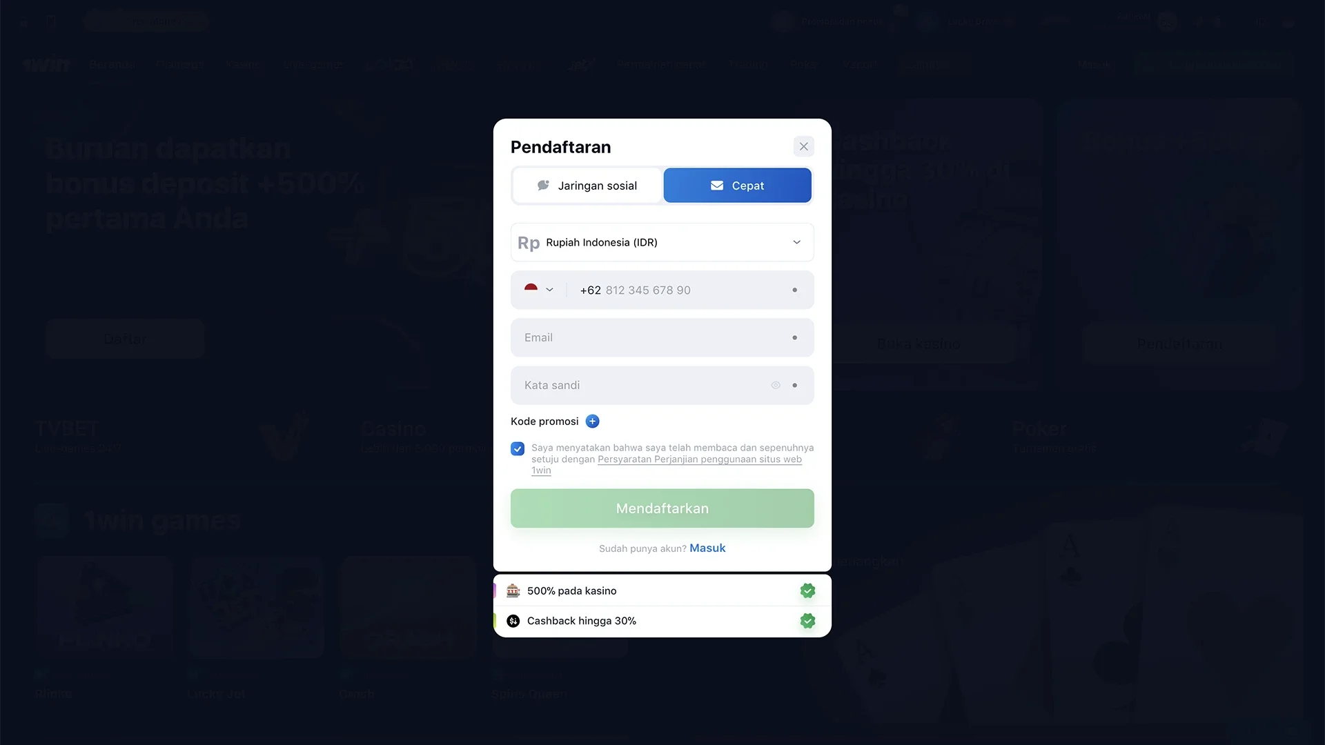 Formulir pendaftaran di situs web 1win.